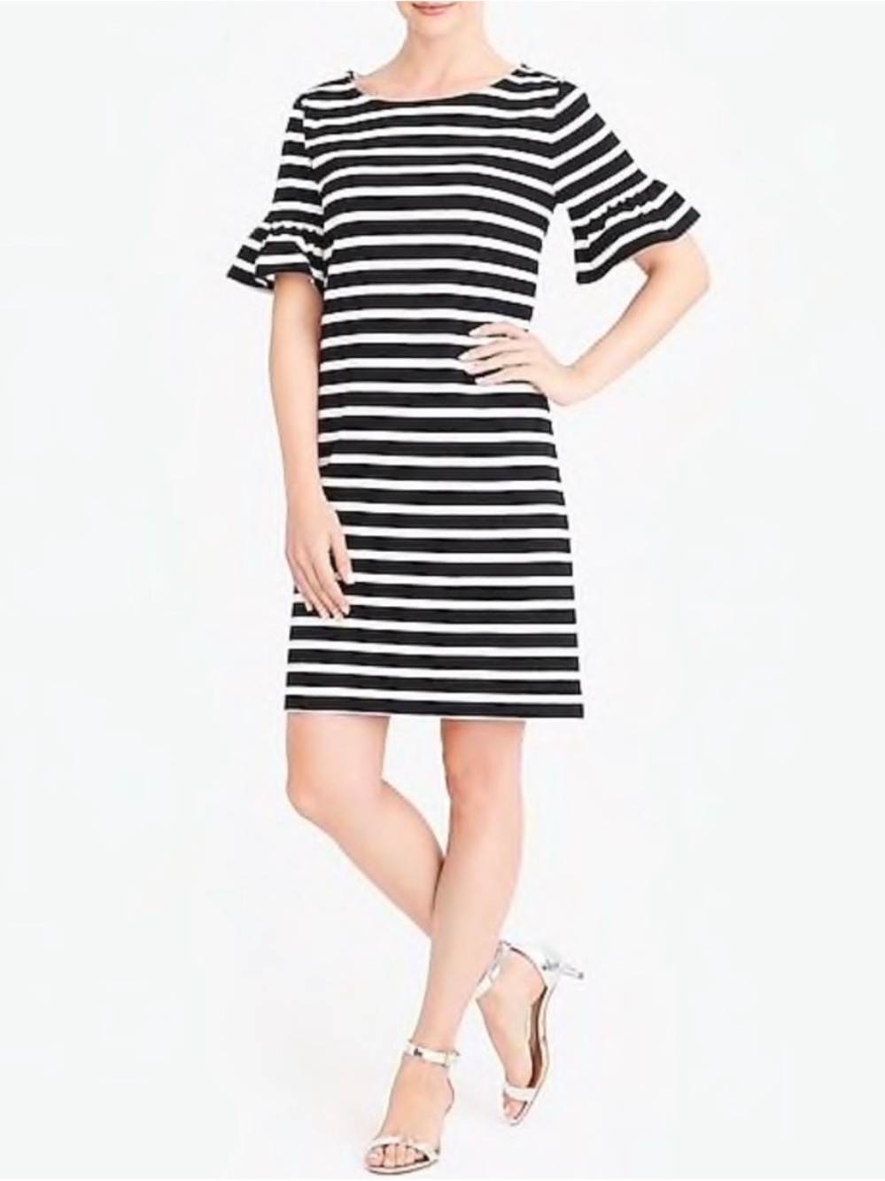 J Crew Factory XXS Black White Striped shift dress 100% Cotton ruffle sleeves